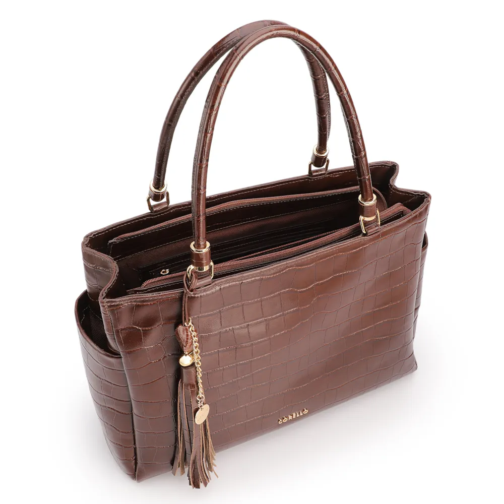 Bolsa Tote Grande Couro Croco Marrom Pingente Pedras - imagem 4