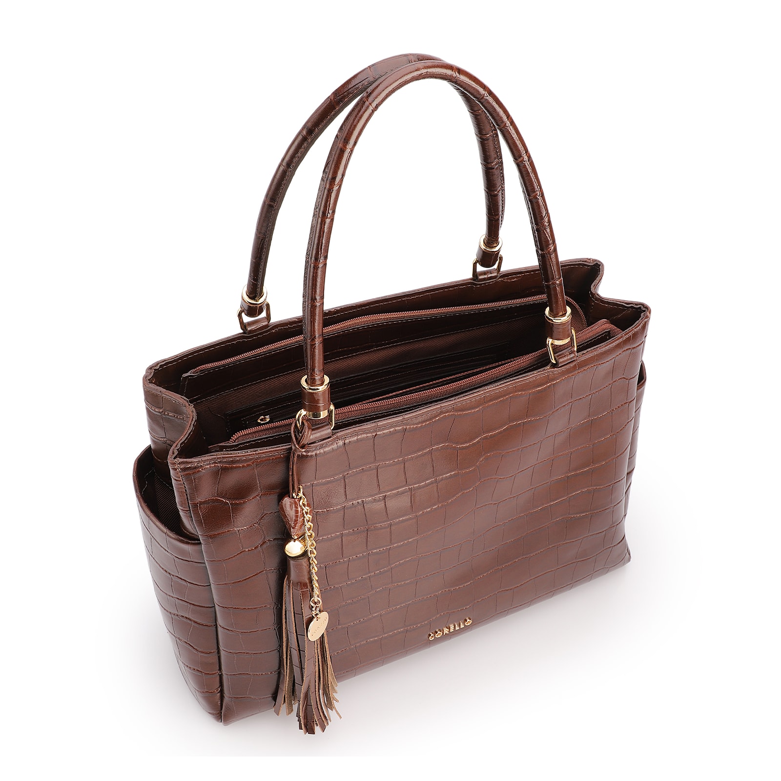 Bolsa Tote Grande Couro Croco Marrom Pingente Pedras
