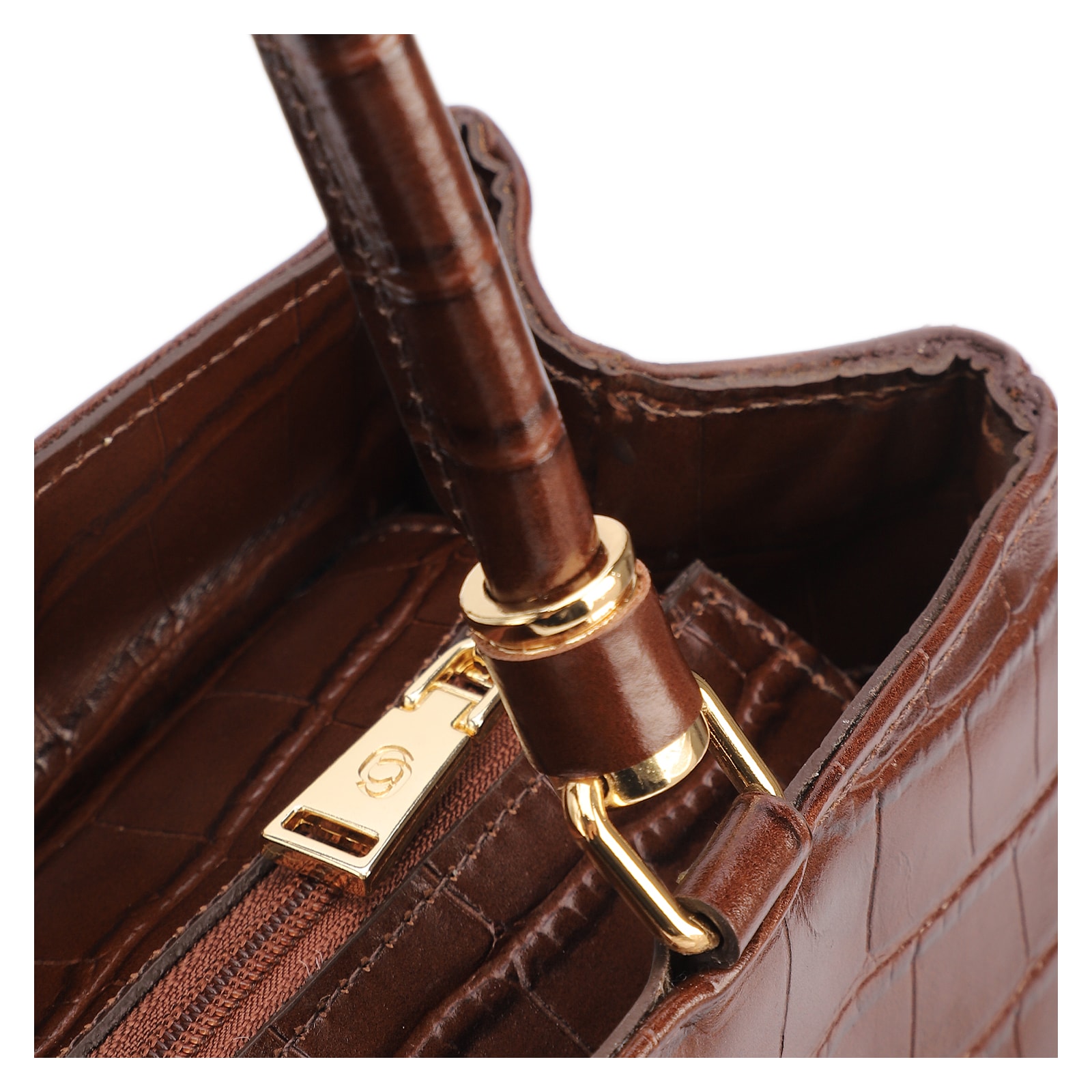 Bolsa Tote Grande Couro Croco Marrom Pingente Pedras