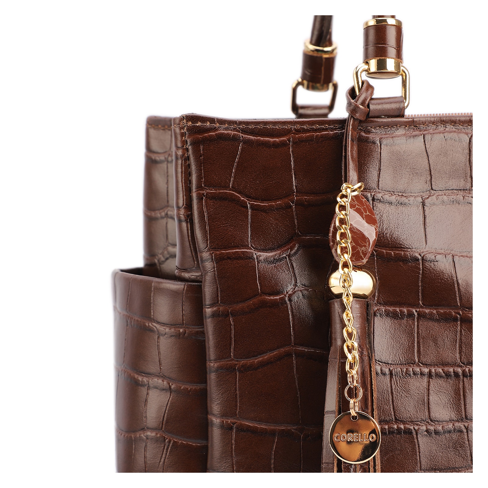 Bolsa Tote Grande Couro Croco Marrom Pingente Pedras