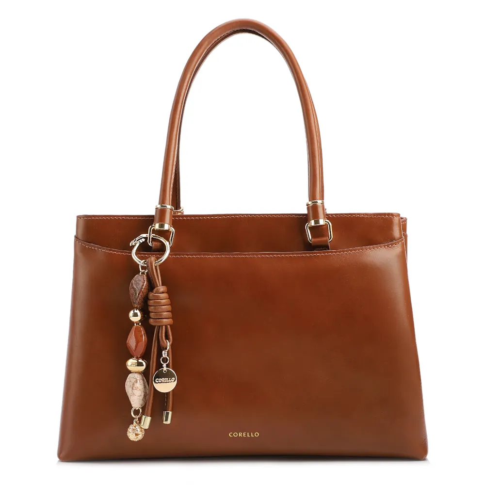  Bolsa Tote Grande Couro Marrom Claro Detalhe Pingente