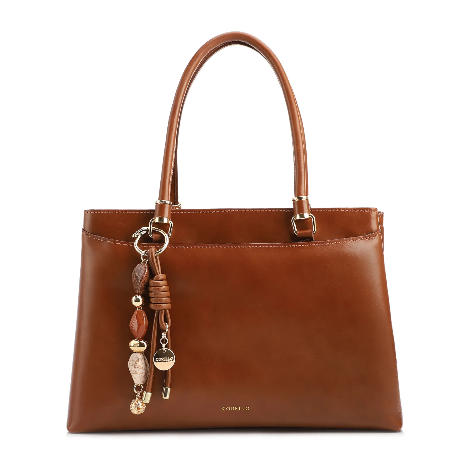 Bolsa Tote Grande Couro Marrom Claro Detalhe Pingente