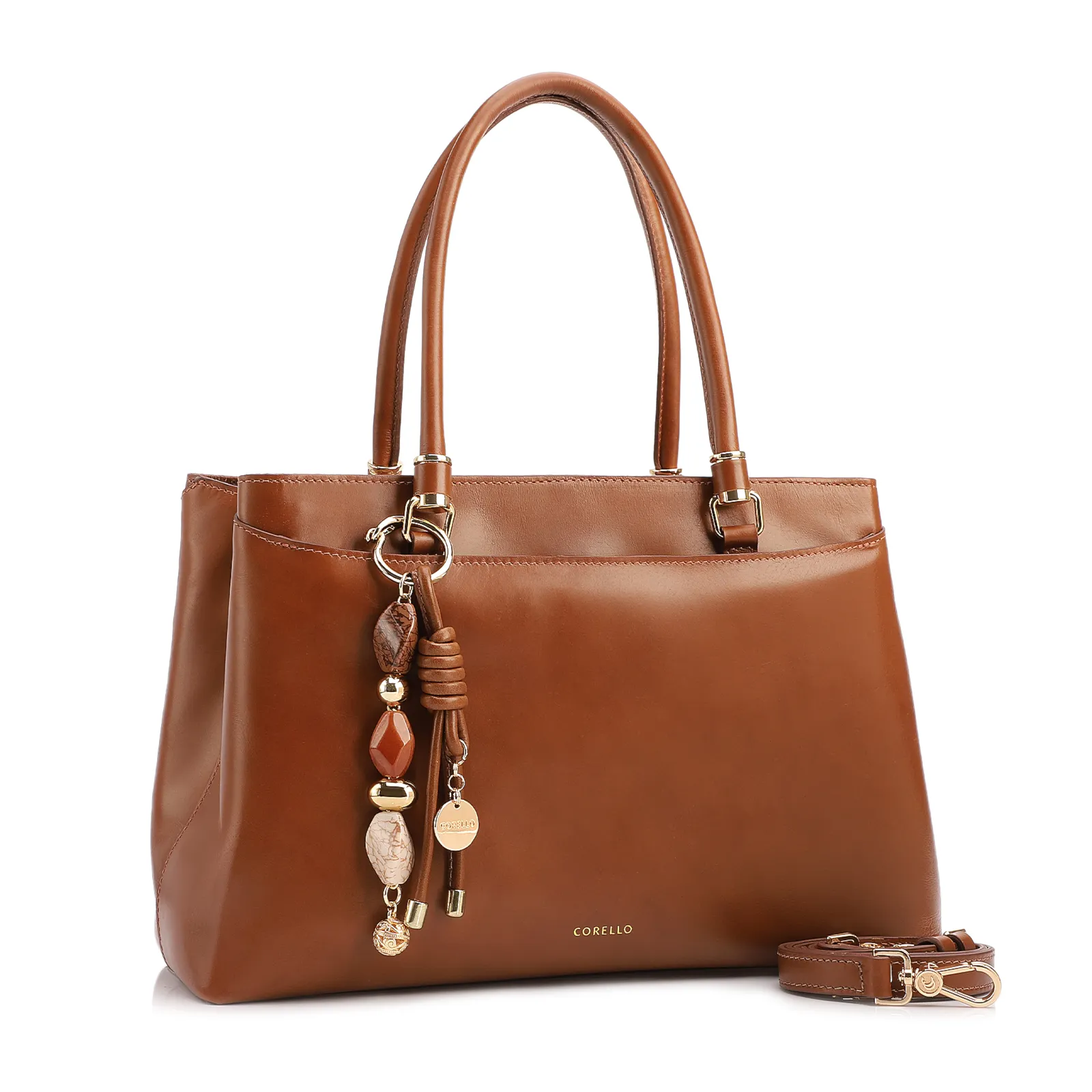 Bolsa Tote Grande Couro Marrom Claro Detalhe Pingente