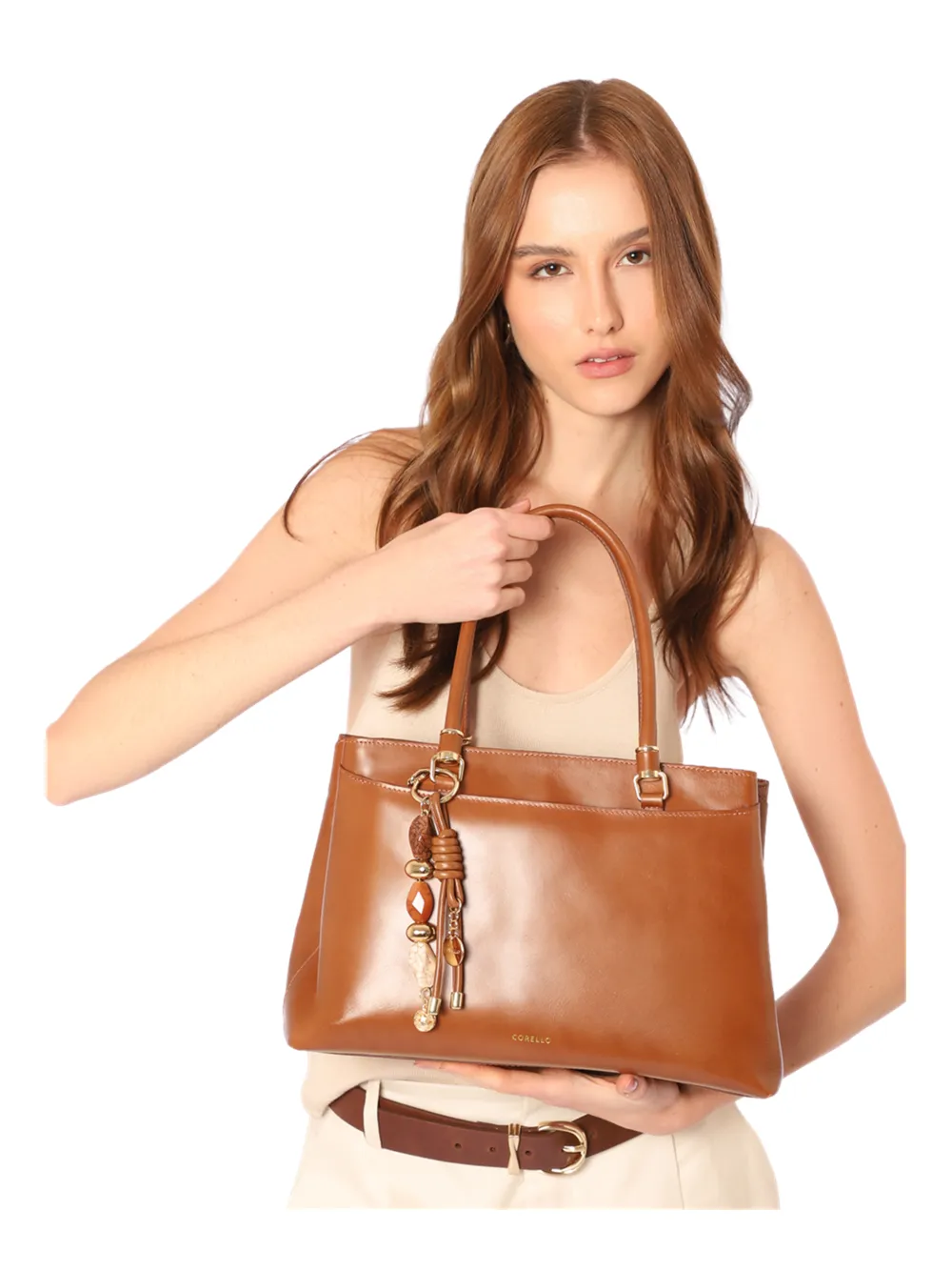  Bolsa Tote Grande Couro Marrom Claro Detalhe Pingente - imagem 2