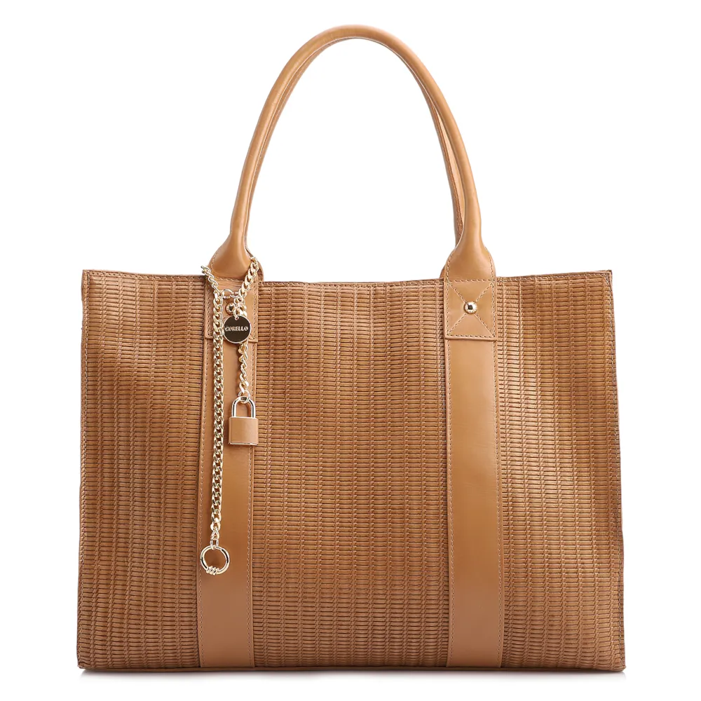 Bolsa Tote Grande Couro Marrom Claro Estampa Tressê