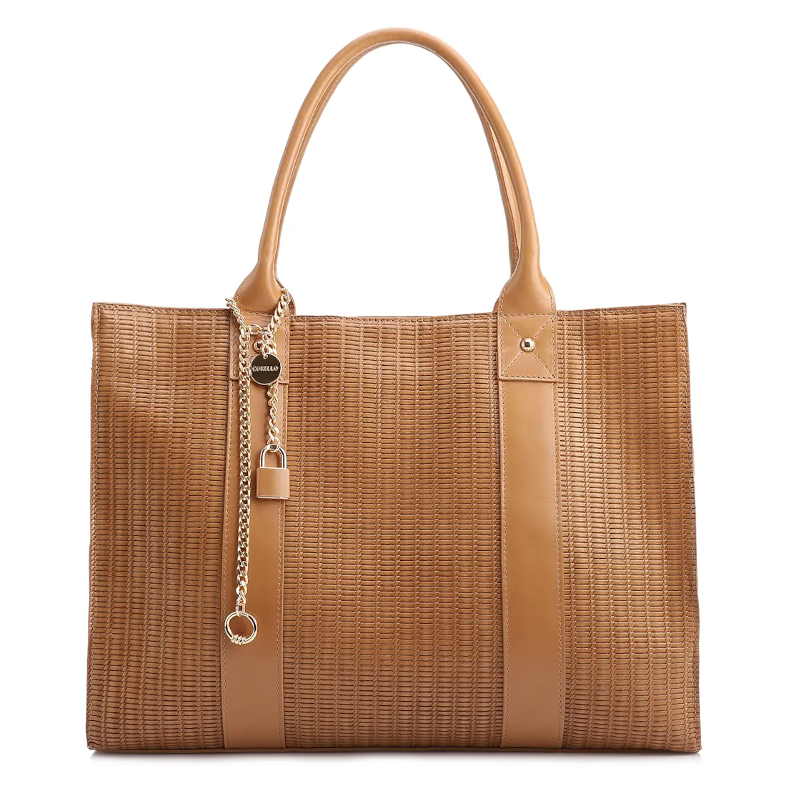 Bolsa Tote Grande Couro Marrom Claro Estampa Tressê