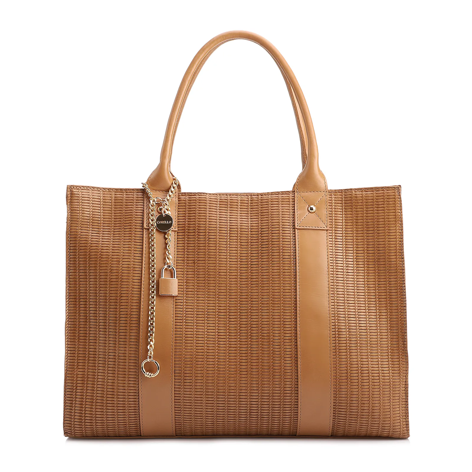 Bolsa Tote Grande Couro Marrom Claro Estampa Tressê
