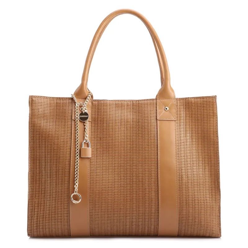 Bolsa Tote Grande Couro Marrom Claro Estampa Tressê