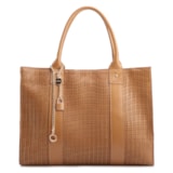 Bolsa Tote Grande Couro Marrom Claro Estampa Tressê