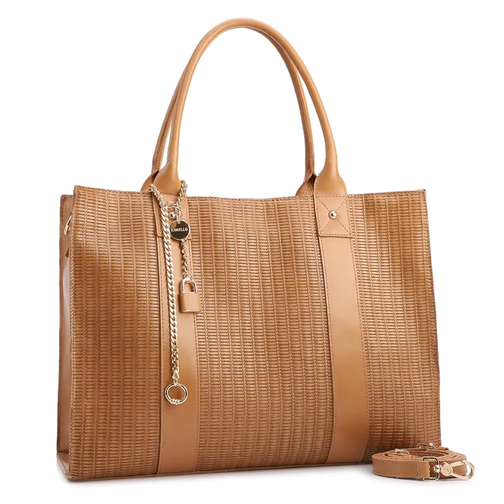 Bolsa Tote Grande Couro Marrom Claro Estampa Tressê - imagem 2