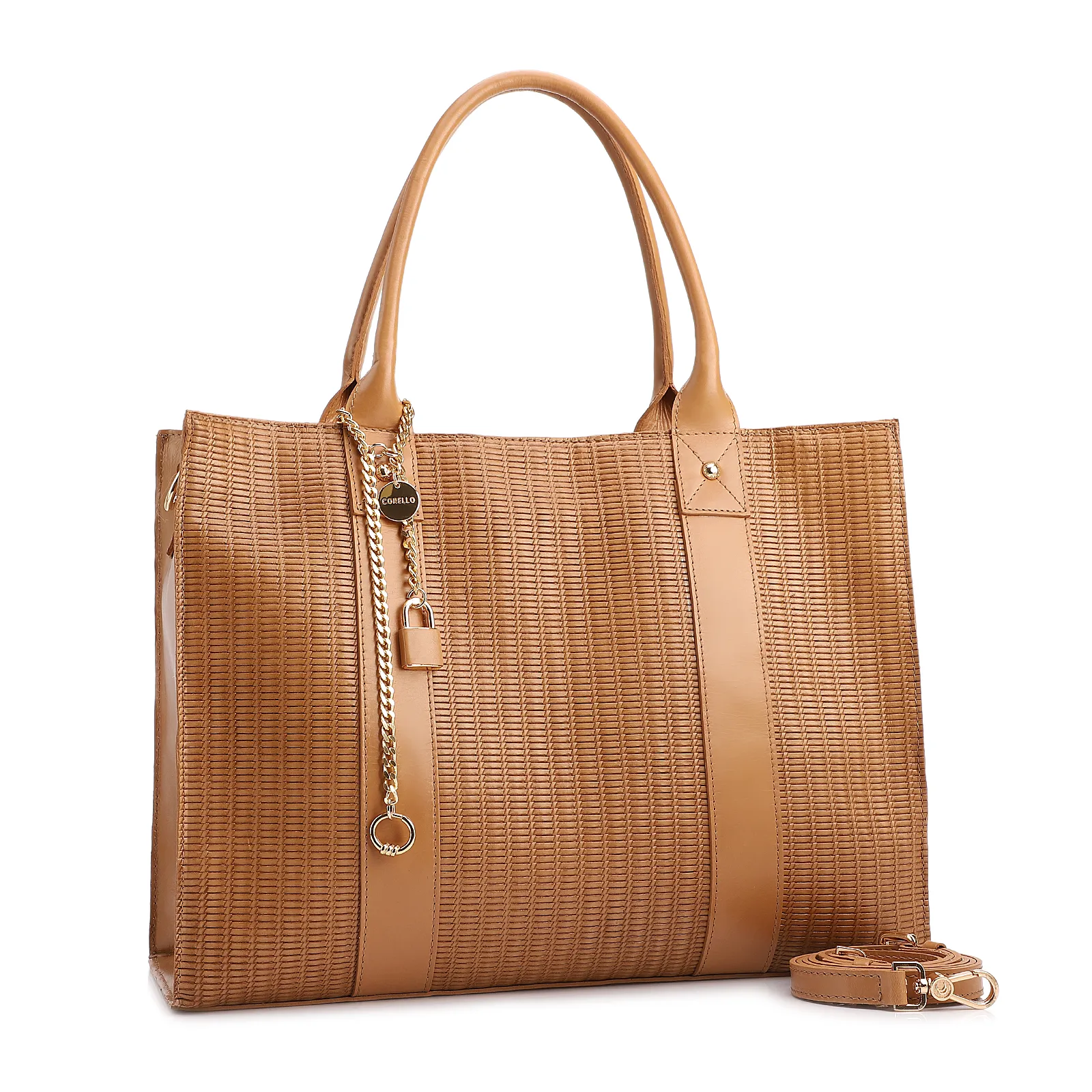 Bolsa Tote Grande Couro Marrom Claro Estampa Tressê