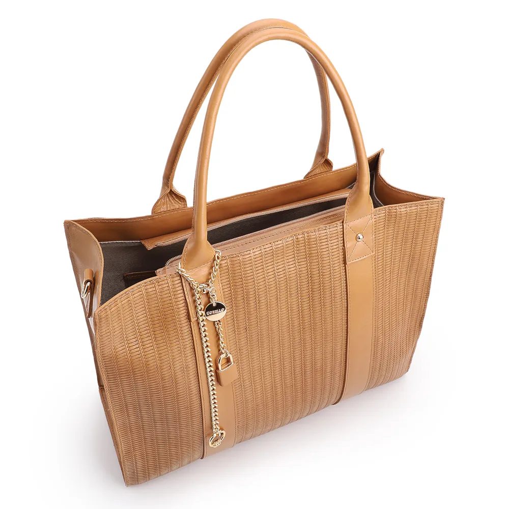 Bolsa Tote Grande Couro Marrom Claro Estampa Tressê - imagem 4