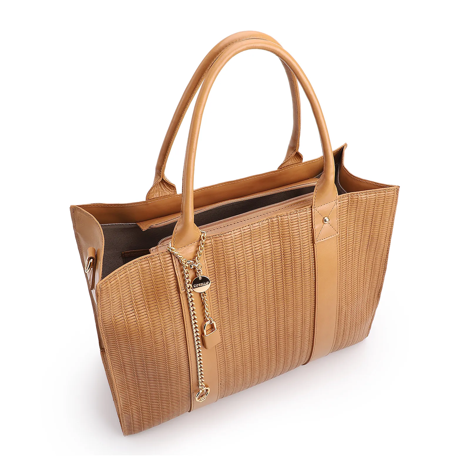 Bolsa Tote Grande Couro Marrom Claro Estampa Tressê