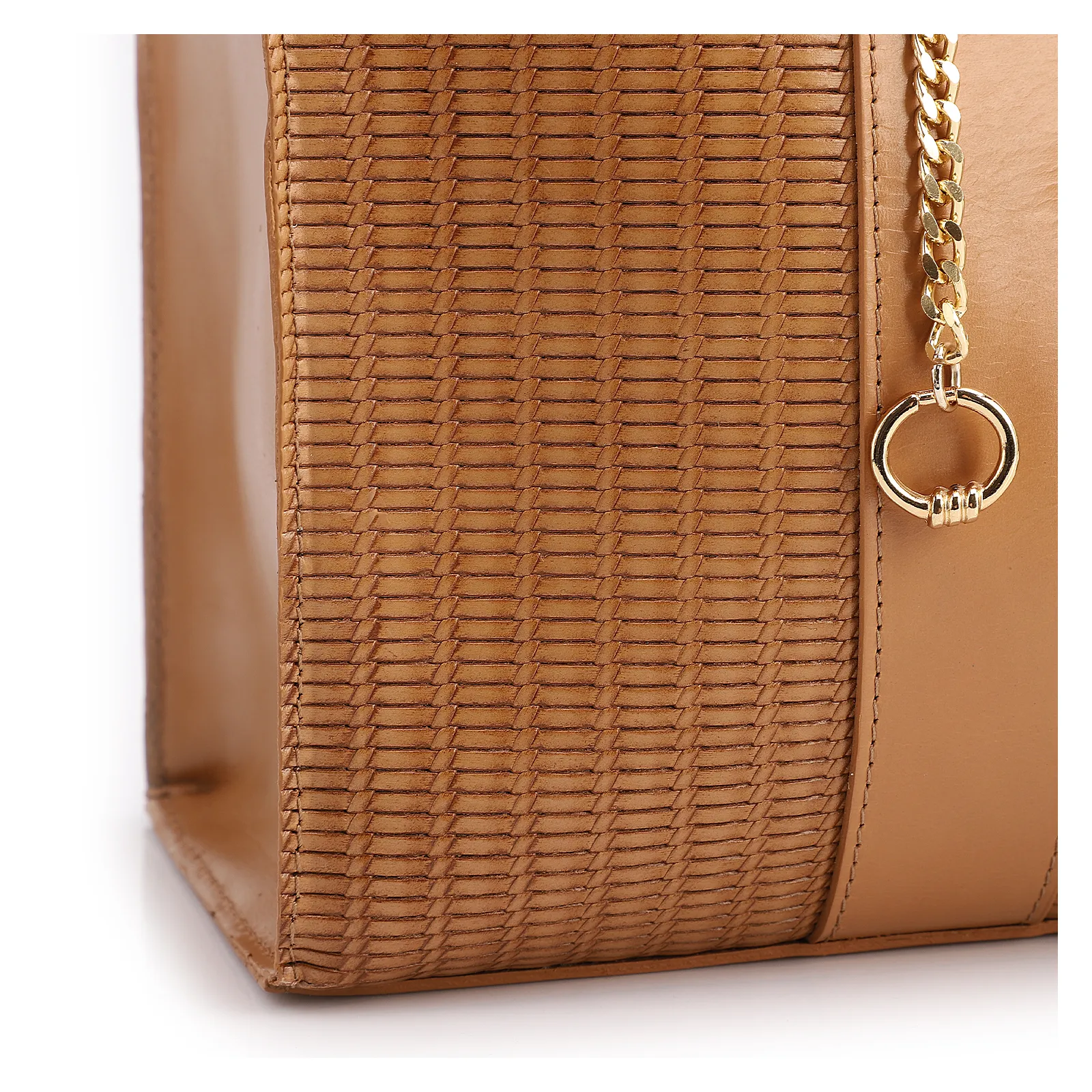Bolsa Tote Grande Couro Marrom Claro Estampa Tressê