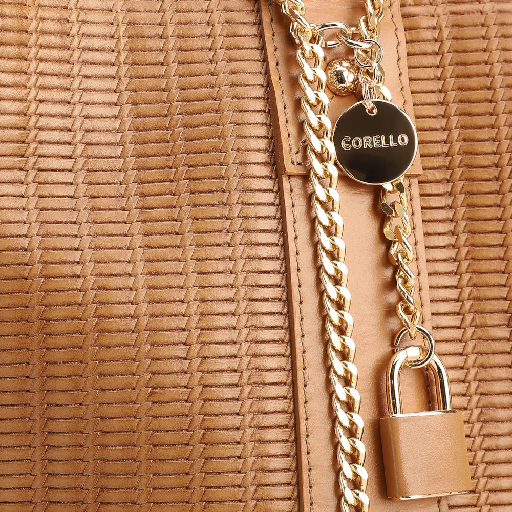 Bolsa Tote Grande Couro Marrom Claro Estampa Tressê - imagem 7