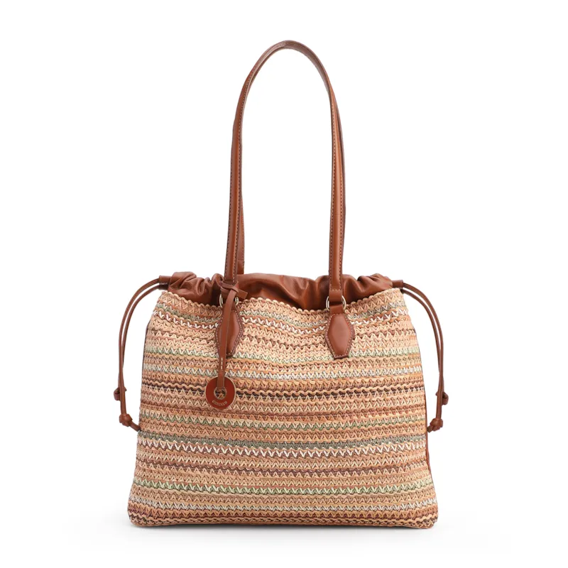 Bolsa Tote Grande Couro Marrom Claro Rafia Multicolor Pingente