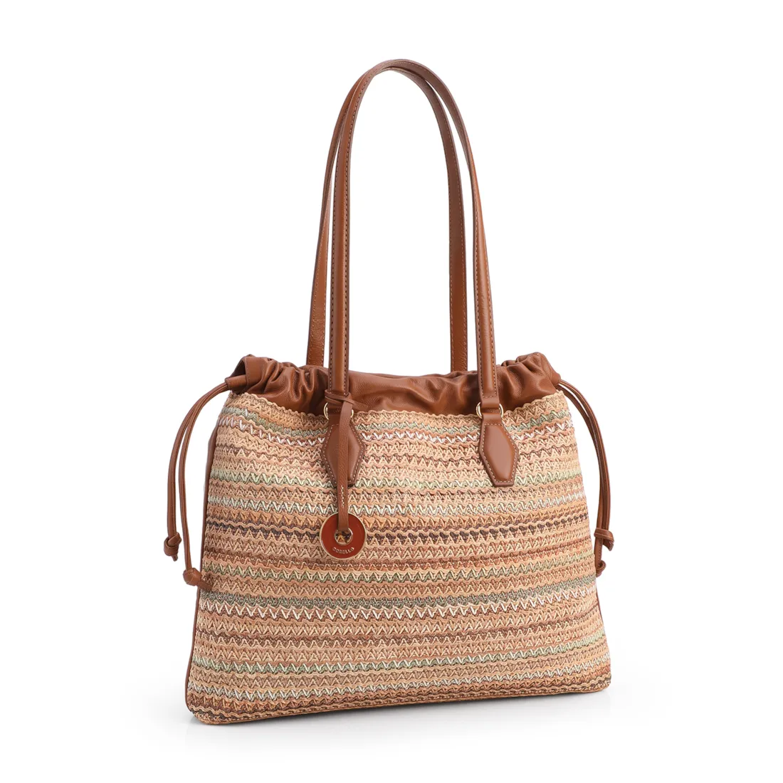 Bolsa Tote Grande Couro Marrom Claro Rafia Multicolor Pingente - foto 2