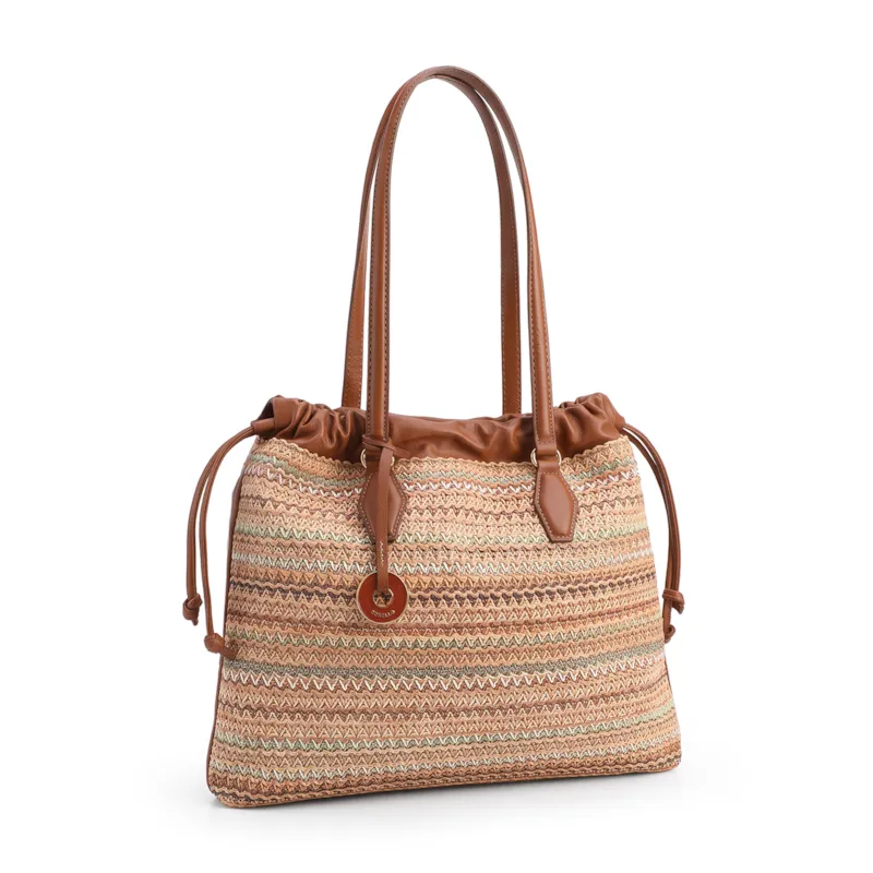Bolsa Tote Grande Couro Marrom Claro Rafia Multicolor Pingente - foto 2