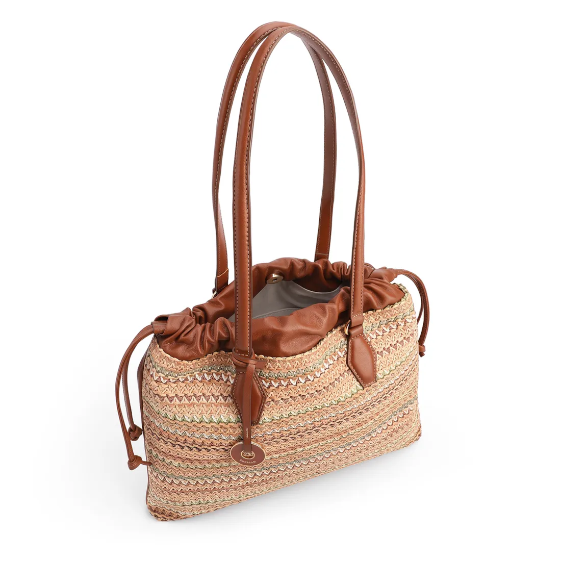 Bolsa Tote Grande Couro Marrom Claro Rafia Multicolor Pingente - foto 4