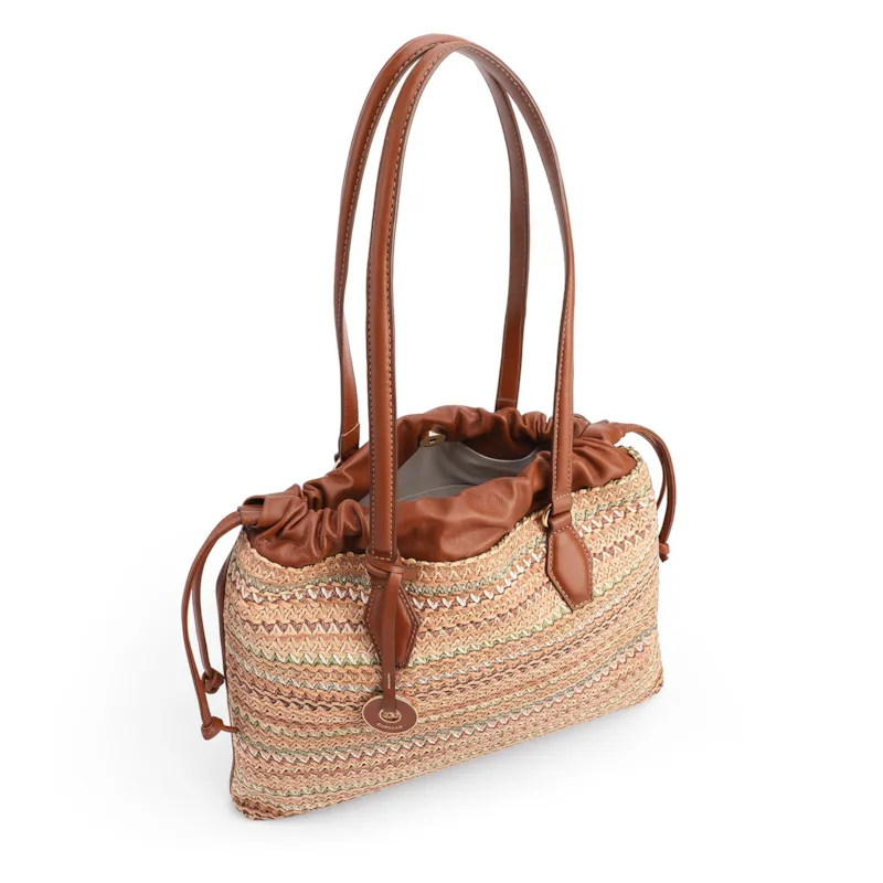 Bolsa Tote Grande Couro Marrom Claro Rafia Multicolor Pingente - foto 4