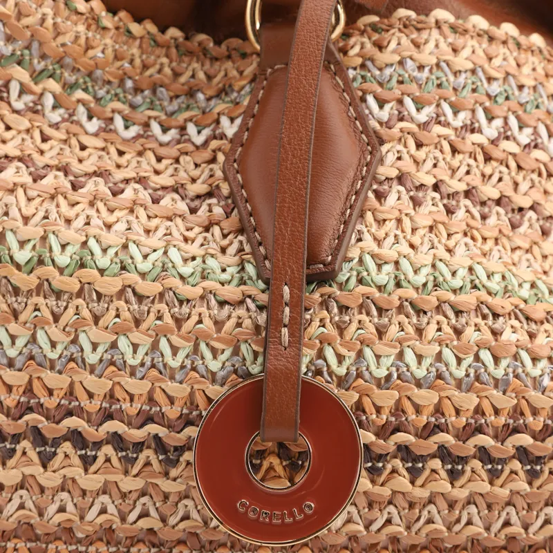 Bolsa Tote Grande Couro Marrom Claro Rafia Multicolor Pingente - foto 6