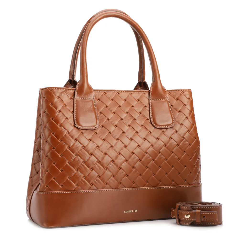  Bolsa Tote Grande Couro Marrom Claro Textura Tressê - imagem 2