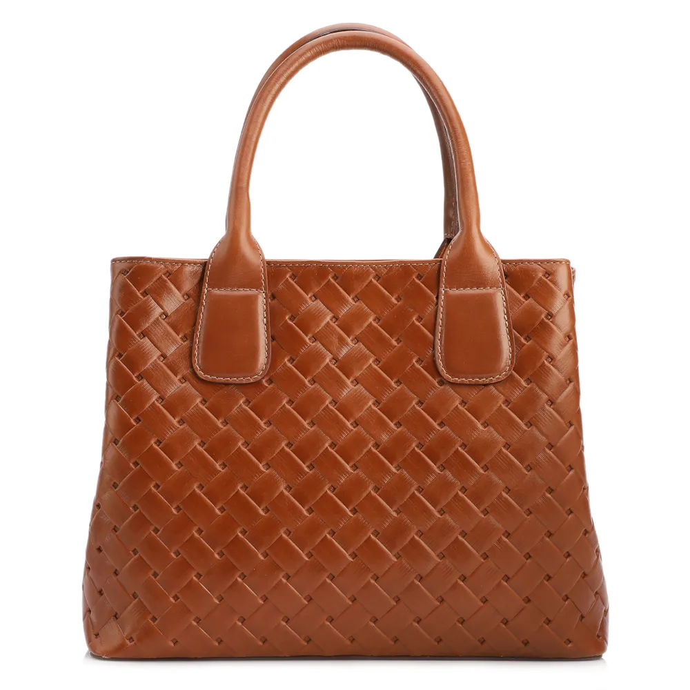  Bolsa Tote Grande Couro Marrom Claro Textura Tressê - imagem 3