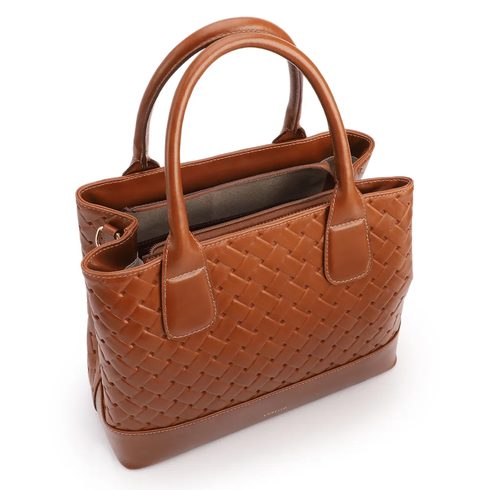  Bolsa Tote Grande Couro Marrom Claro Textura Tressê - imagem 4