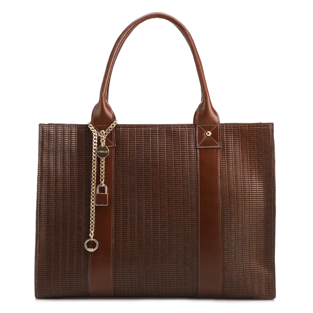 Bolsa Tote Grande Couro Marrom Escuro Estampa Tressê