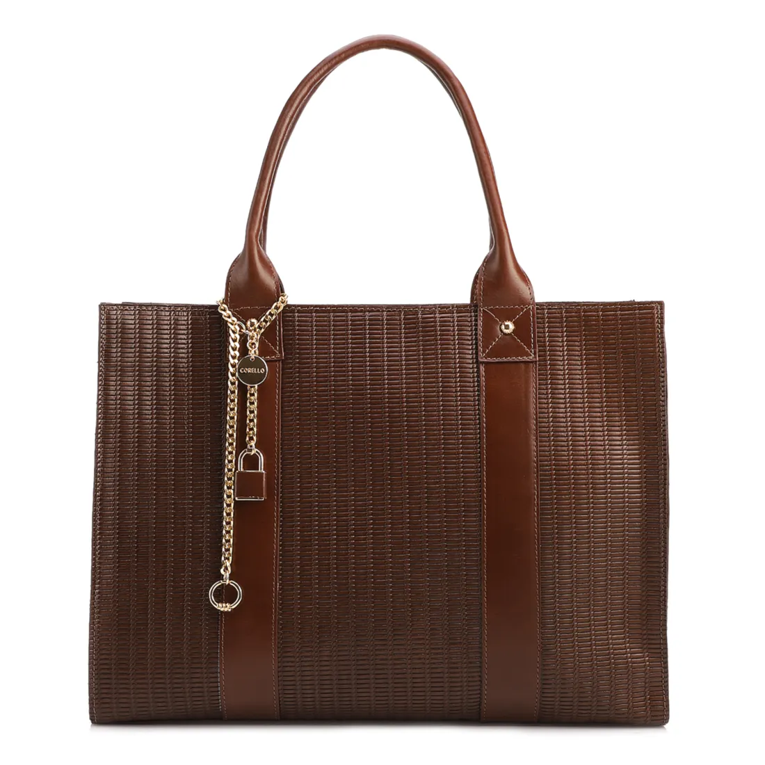 Bolsa Tote Grande Couro Marrom Escuro Estampa Tressê
