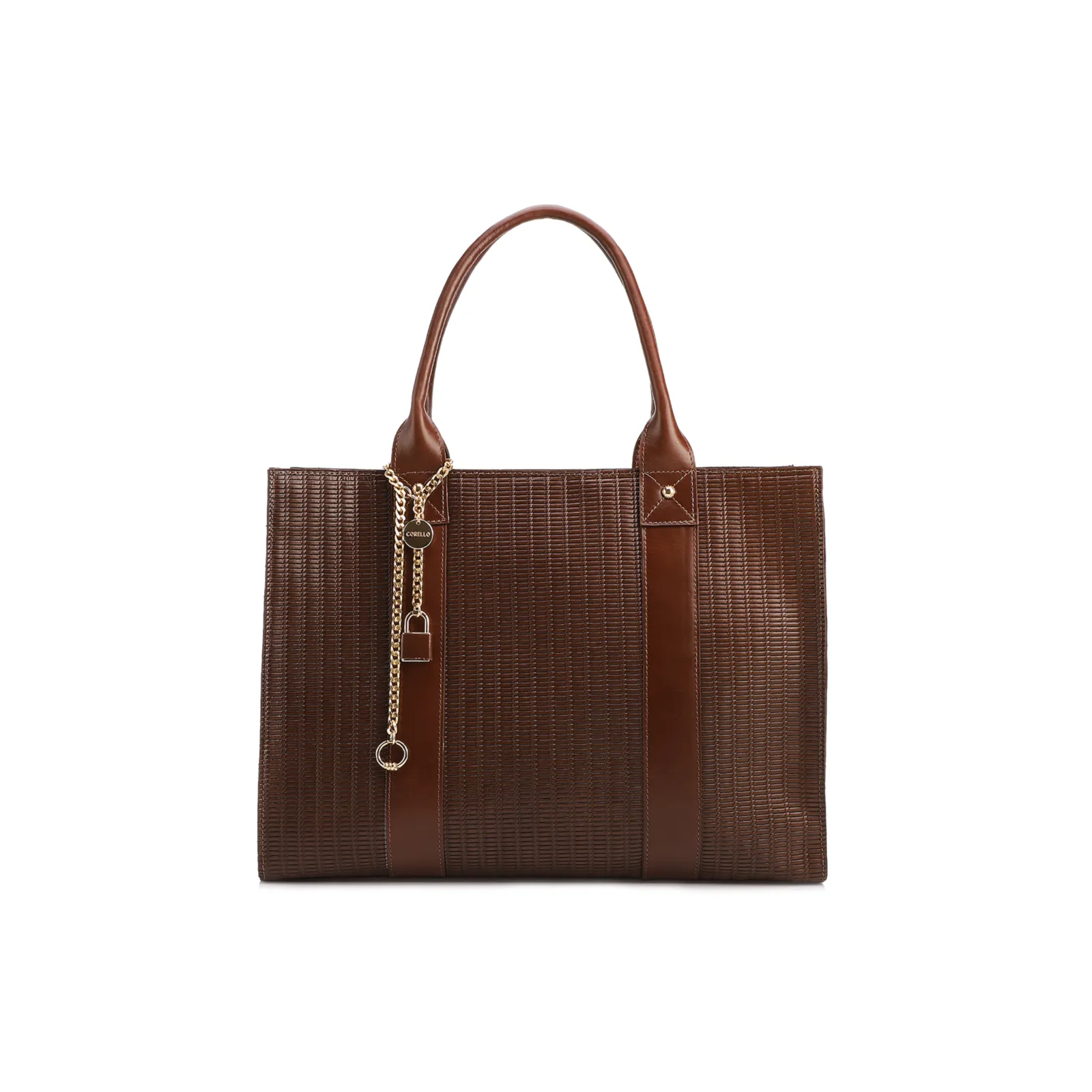 Bolsa Tote Grande Couro Marrom Escuro Estampa Tressê