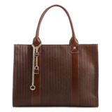 Bolsa Tote Grande Couro Marrom Escuro Estampa Tressê