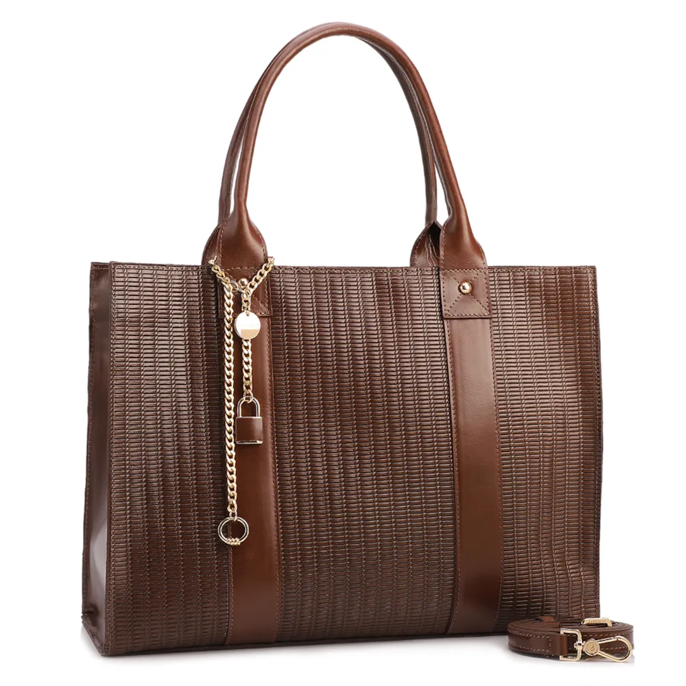 Bolsa Tote Grande Couro Marrom Escuro Estampa Tressê - imagem 2