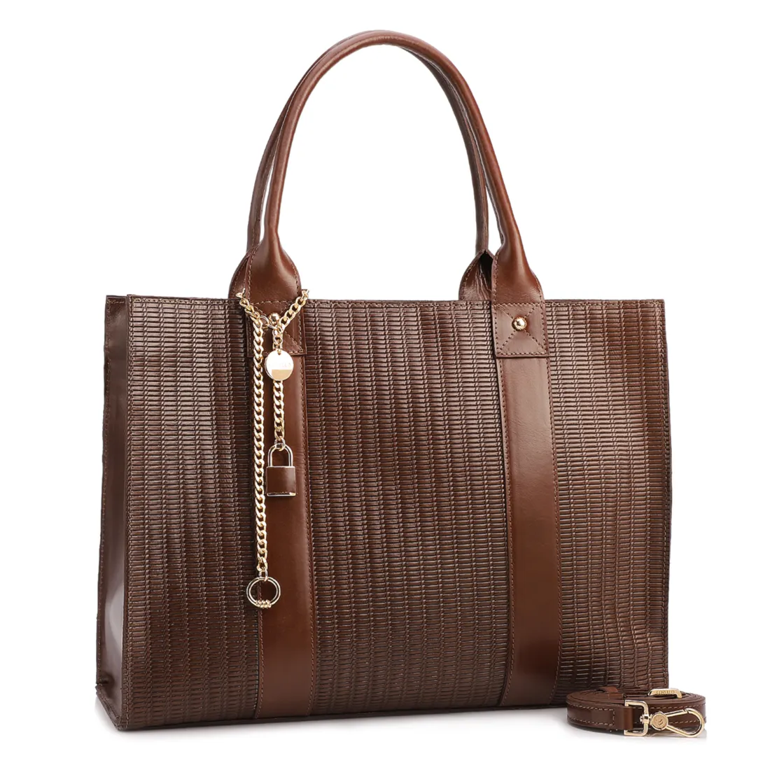 Bolsa Tote Grande Couro Marrom Escuro Estampa Tressê - foto 2