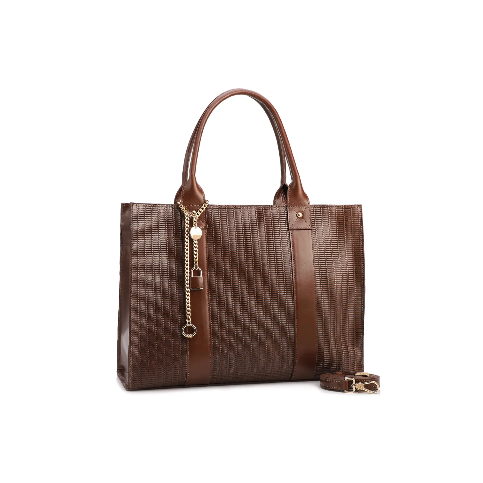 Bolsa Tote Grande Couro Marrom Escuro Estampa Tressê