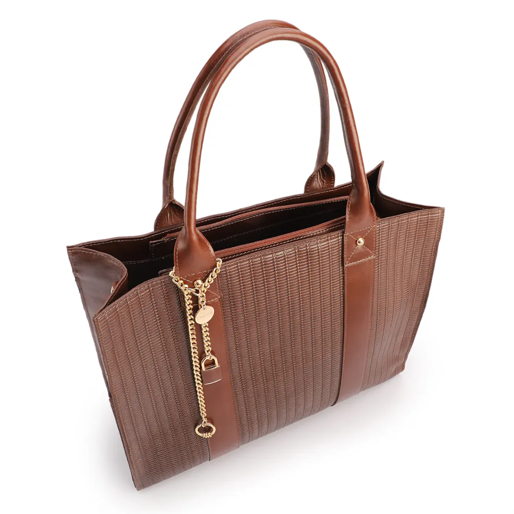 Bolsa Tote Grande Couro Marrom Escuro Estampa Tressê - imagem 4