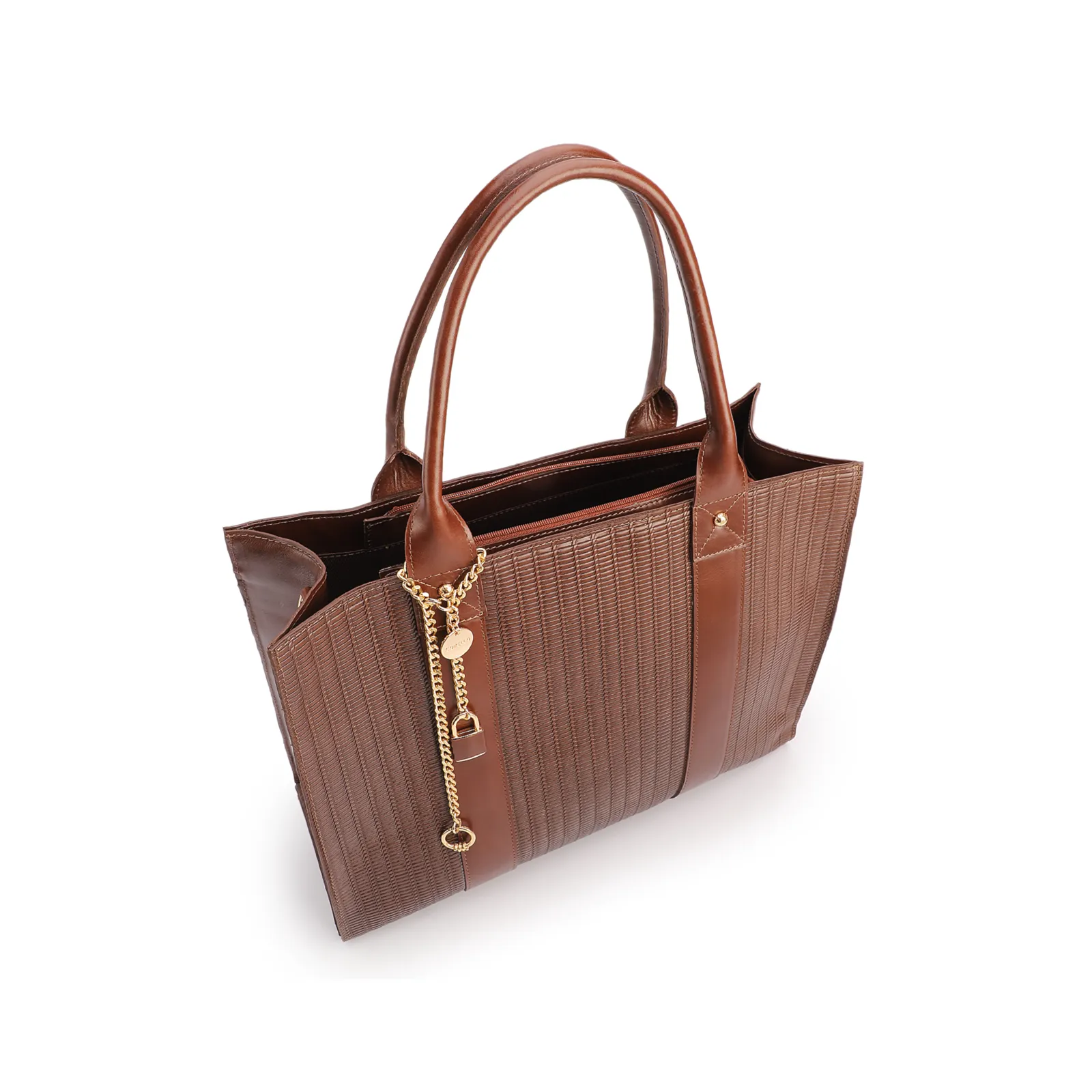 Bolsa Tote Grande Couro Marrom Escuro Estampa Tressê
