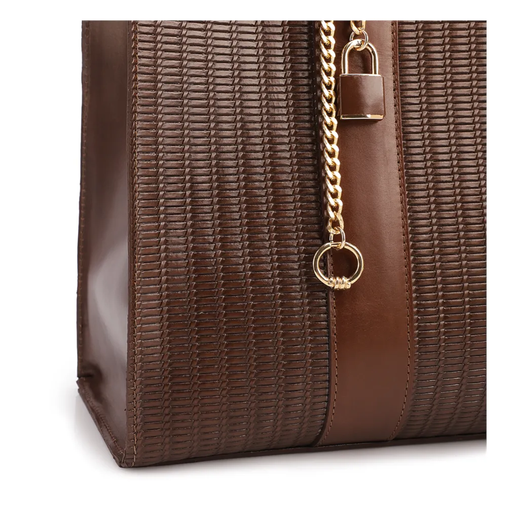 Bolsa Tote Grande Couro Marrom Escuro Estampa Tressê - imagem 6