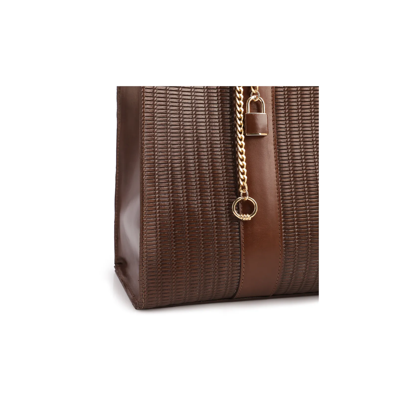 Bolsa Tote Grande Couro Marrom Escuro Estampa Tressê
