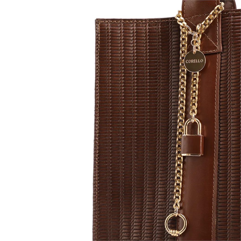 Bolsa Tote Grande Couro Marrom Escuro Estampa Tressê - imagem 7
