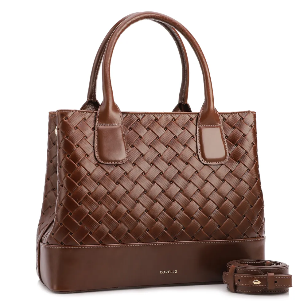  Bolsa Tote Grande Couro Marrom Textura Tressê - imagem 2