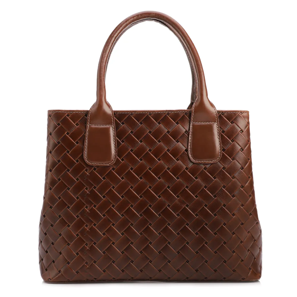  Bolsa Tote Grande Couro Marrom Textura Tressê - imagem 3