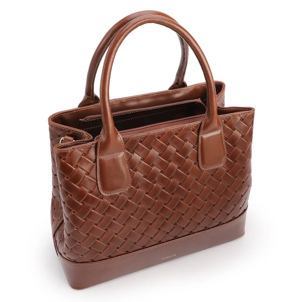  Bolsa Tote Grande Couro Marrom Textura Tressê - imagem 4