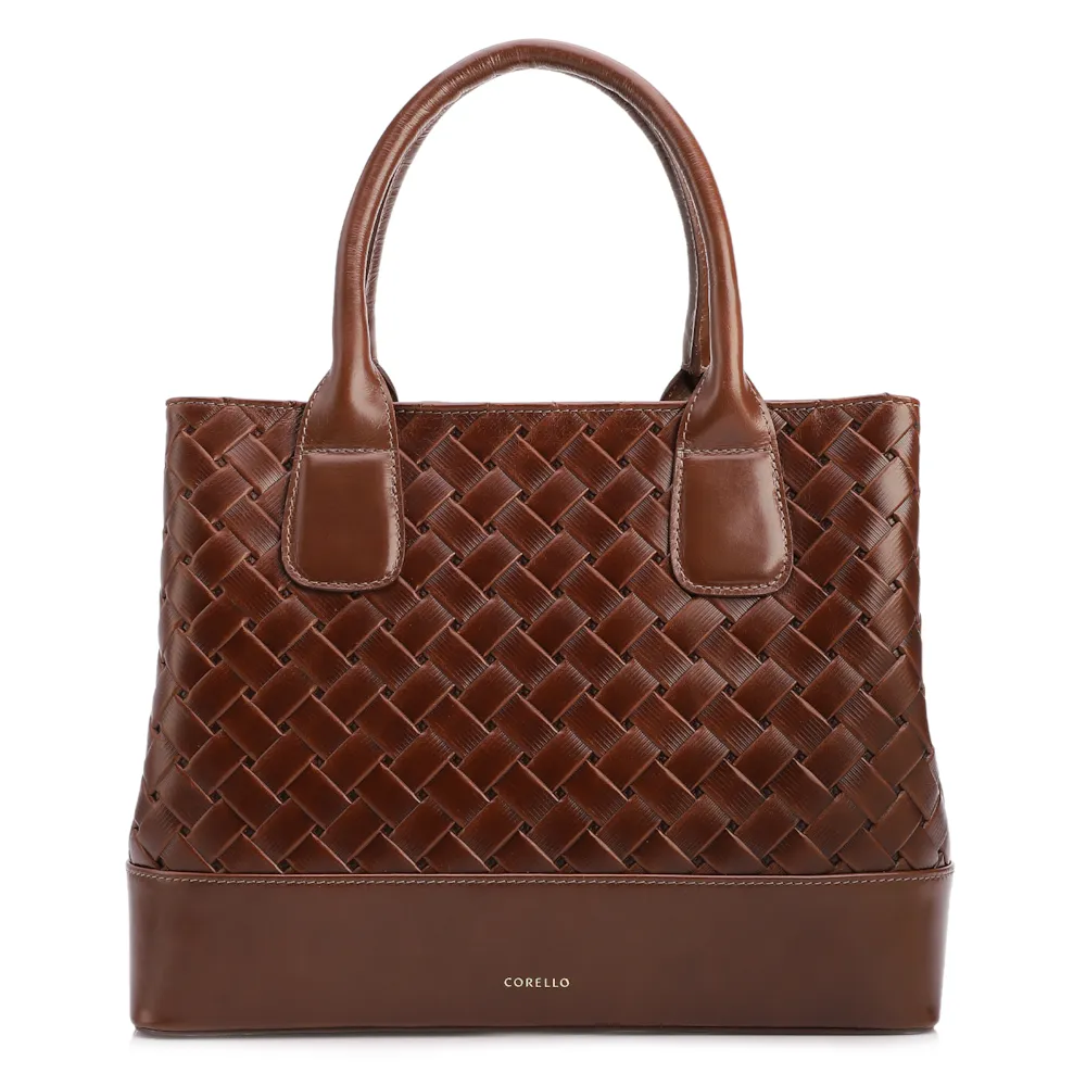  Bolsa Tote Grande Couro Marrom Textura Tressê
