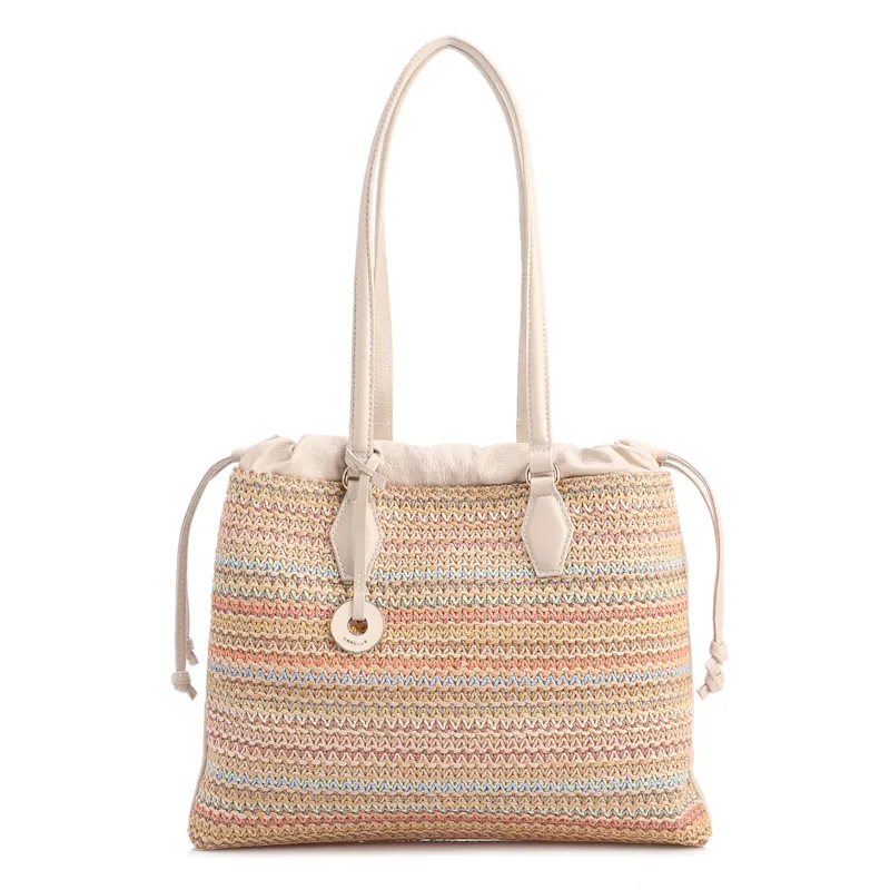 Bolsa Tote Grande Couro Off White Rafia Multicolor Pingente