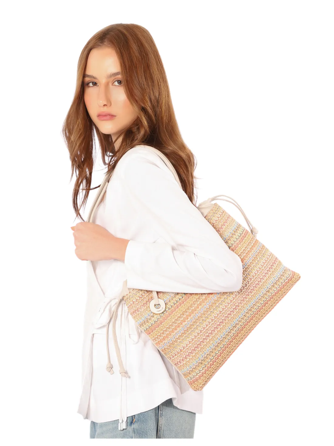 Bolsa Tote Grande Couro Off White Rafia Multicolor Pingente - foto 2