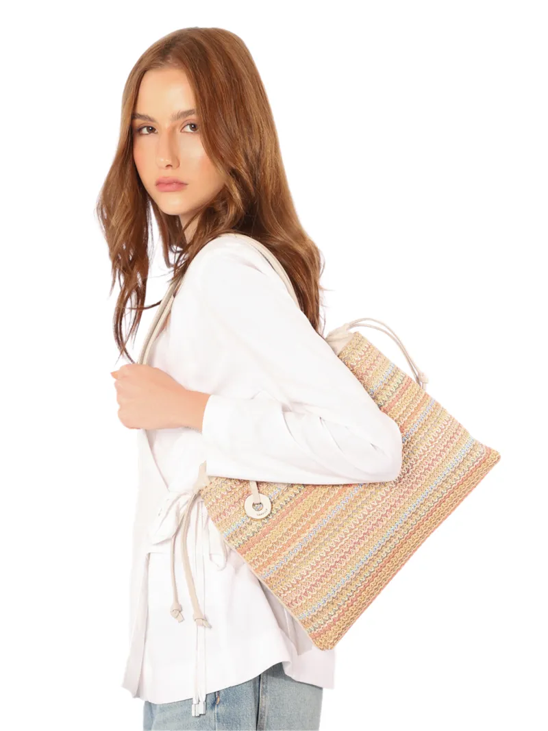 Bolsa Tote Grande Couro Off White Rafia Multicolor Pingente - foto 2