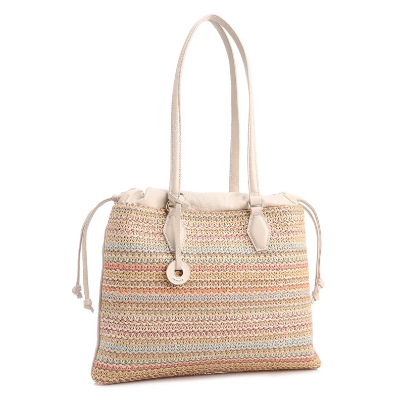 Bolsa Tote Grande Couro Off White Rafia Multicolor Pingente - foto 3