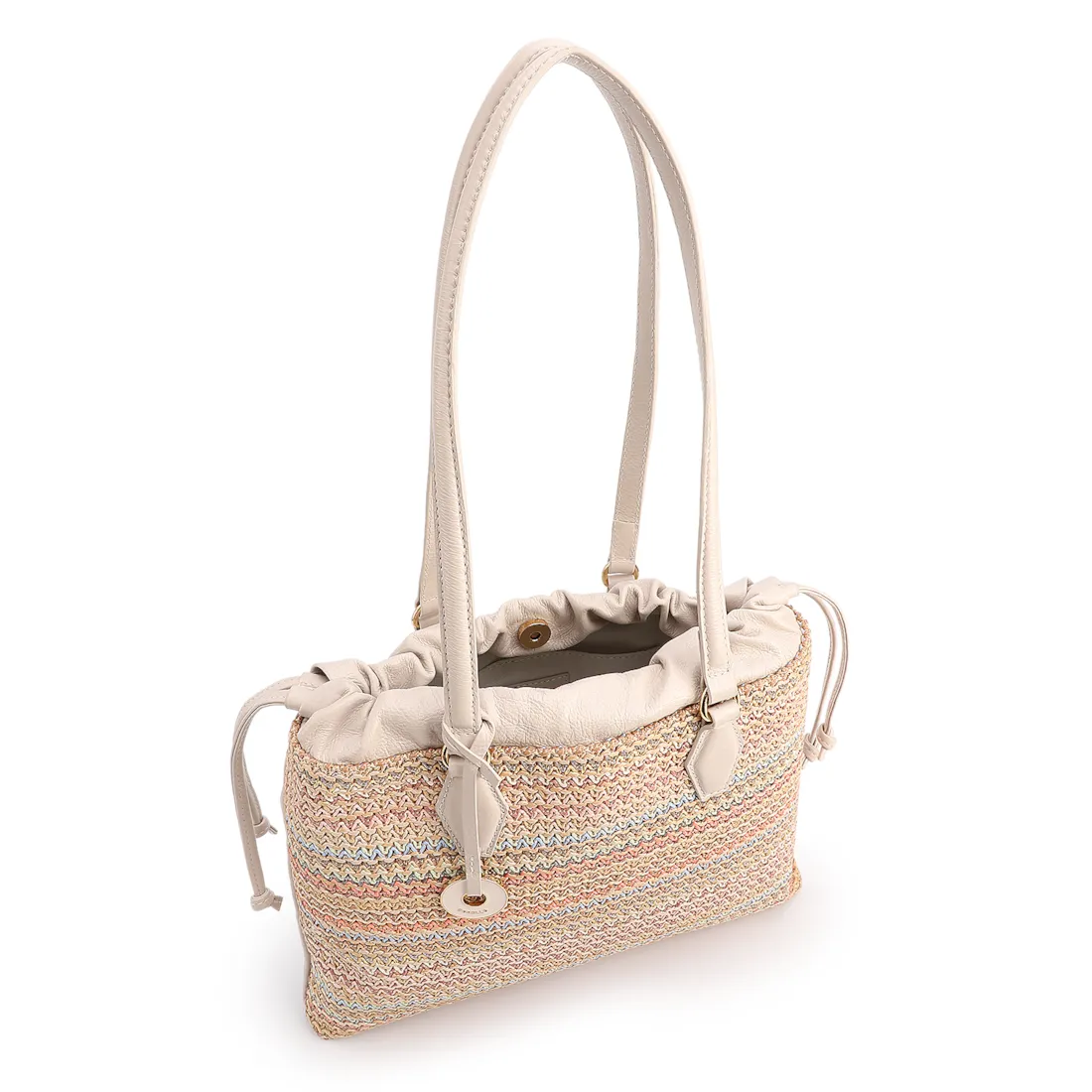 Bolsa Tote Grande Couro Off White Rafia Multicolor Pingente - foto 5