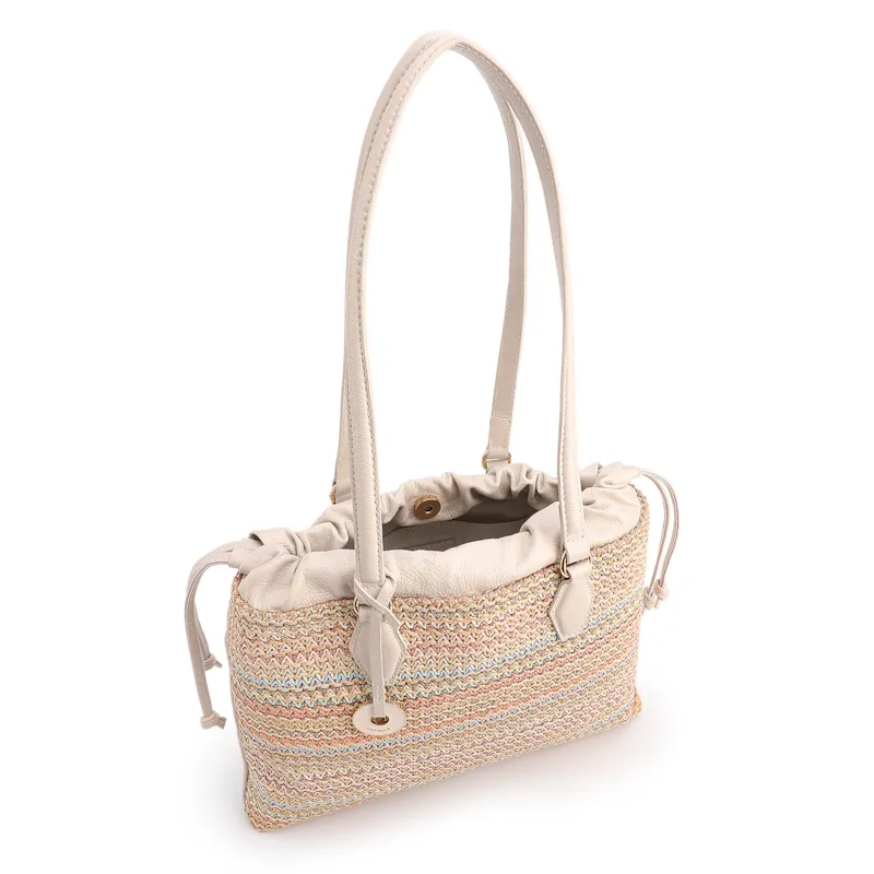Bolsa Tote Grande Couro Off White Rafia Multicolor Pingente - foto 5